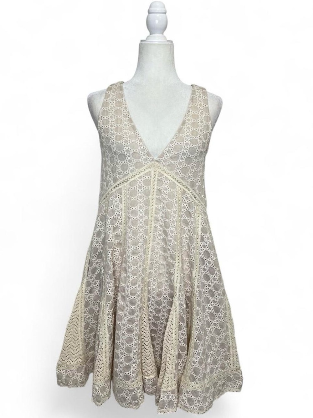 Jonathan Simkhai Cream Lace Eyelet V-Neck A-Line Mini Sundress